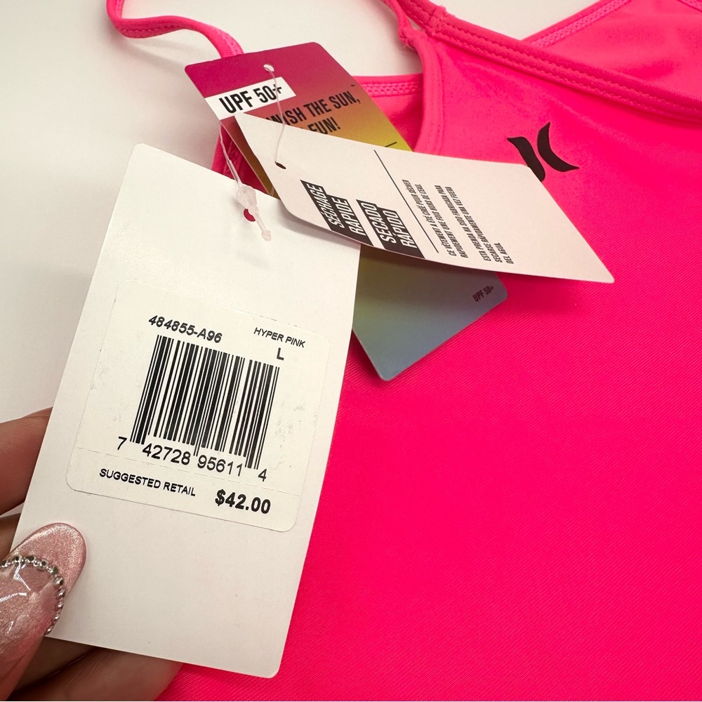 Hurley Big Girl's L 12/14 Bright Neon Pink Swimsuit 1 Pc Halter Tank Swim Beach - Picture 4 of 6